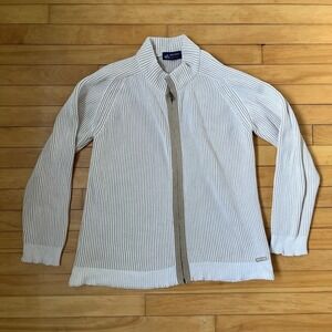 Saint James Mens Ribbed Full Zip Striped Cardigan Sweater Cream Tan Made France